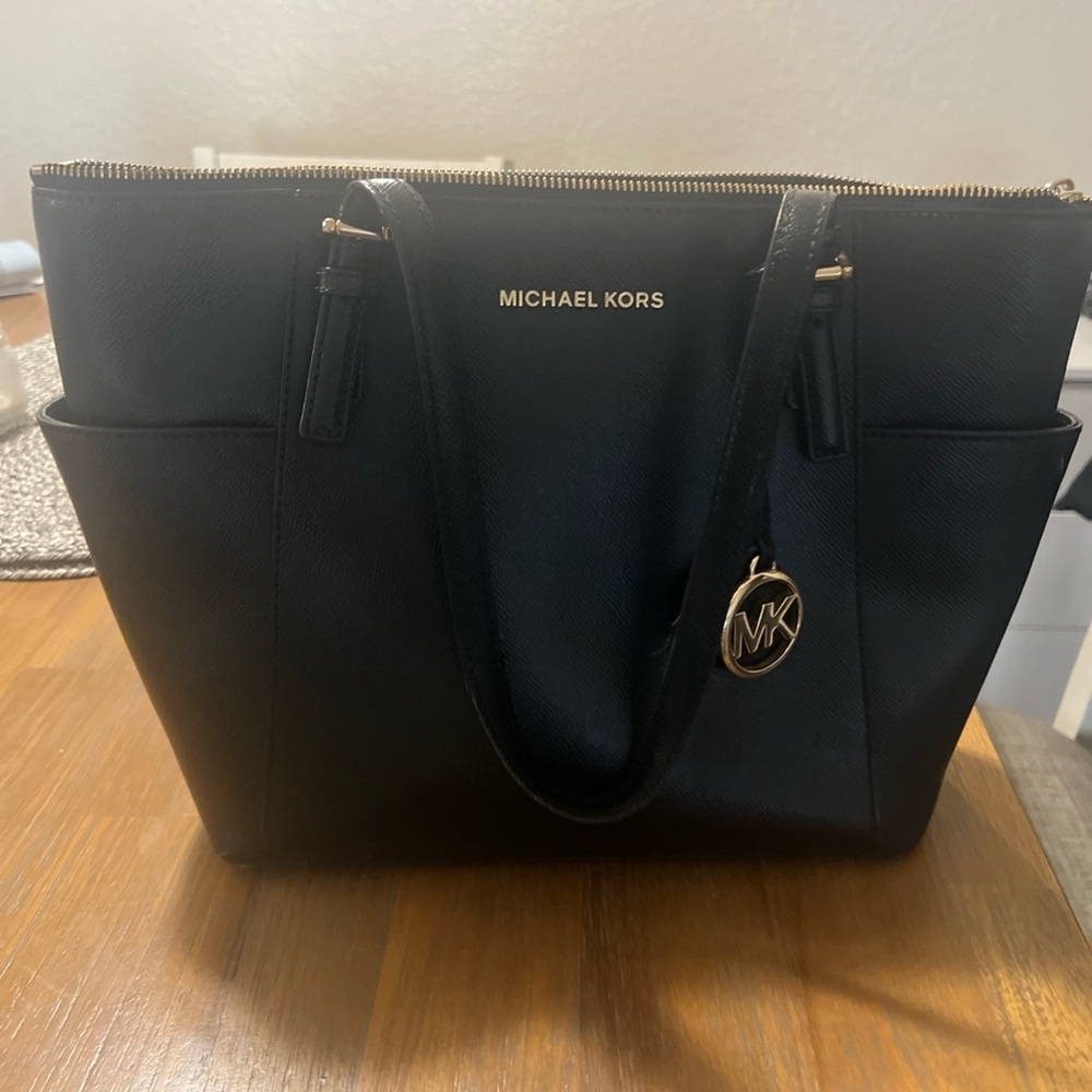 Michael Kors Black Leather Tote with MK Charm